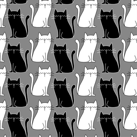 Blck and white line cats seamless pattern isolated on gray background. Good for textile print, wrapping and wall paper, cover, and other decoration.のイラスト素材
