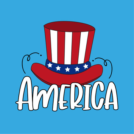 America - typography and uncle sam hat. American national holidays decoration. Good for advertising, announcement, invitation, party, T shirt print, poster, banner. Happy Independenceのイラスト素材