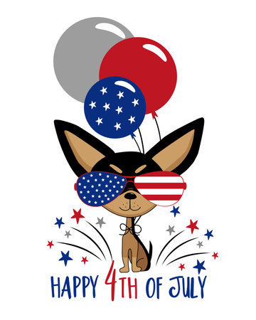 Happy 4th of July - Funny cartoon chihuahua dog in hat and with balloons. Happy Independence Day, vector design illustration.のイラスト素材