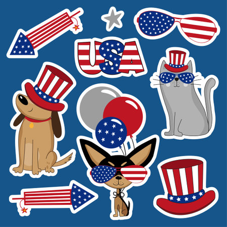 Fourth of July, cartoon sticker set. Happy Independence Day.のイラスト素材