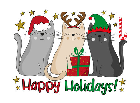 Happy holidays - Santa cat, reindeer cat, and elf cat with Christmas presents. Hand drawn vector design.のイラスト素材