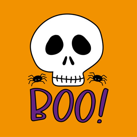 Boo - hand drawn skull and spiders. Happy Halloween decorations.のイラスト素材