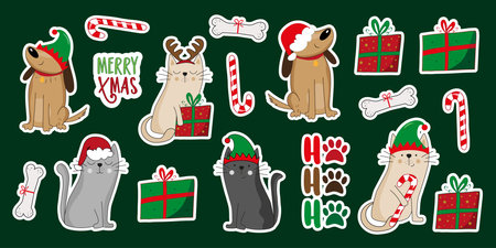 Christmas pets sticker set. Cute dogs and cats in santa hat and elf hat. Bone, gift box and candy cane.のイラスト素材