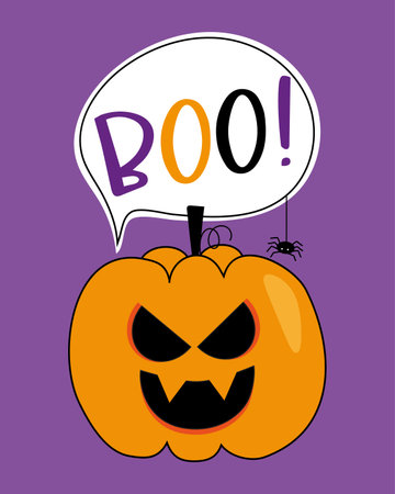 Boo - cartoon Halloween pumpkin or Jack o lantern with spider and speech bubble isolated on purple background. Good for baby clothes, greeting card, poster label and other decoratiのイラスト素材