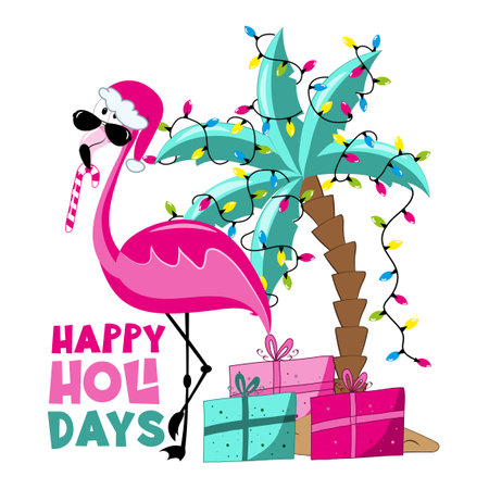 Happy Holidays - flamingo in Santa hat, and with candy cane, palm tree with Christmas lights and gift boxes. Good for T shirt print, greeting card, poster, label, and other decorのイラスト素材