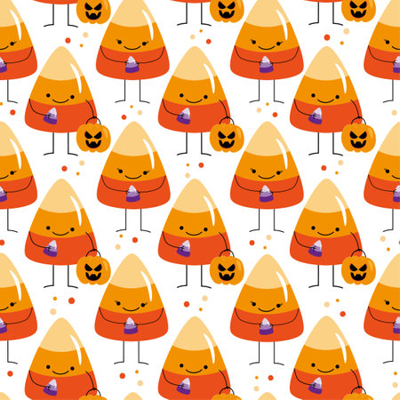 Candy corn seamless pattern - cute smiley candy corn with pumpkin. Happy Halloween decorations. Good for textile print, wrapping or wall paper design.のイラスト素材