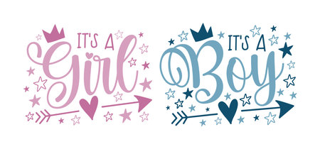 It's a Girl and It's a Boy set - Newborn greeting lettering with crown. Good for textile print, poster, greeting card, baby shower and gift design.のイラスト素材