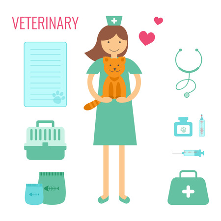 Veterinary medicine. Vector Veterinary elements style flat. Doctor with cat.のイラスト素材
