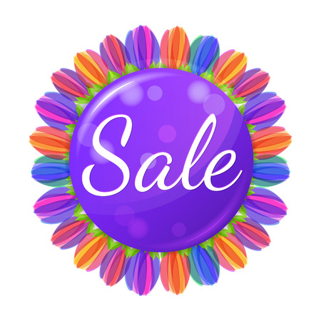 Sale concept circle banner with colorful flowers. Vector illustration.のイラスト素材