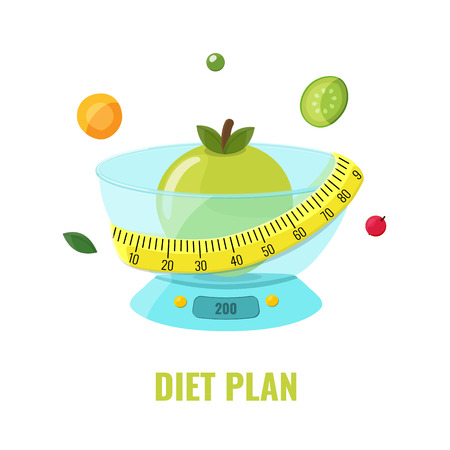 Apple on the kitchen scales with measuring tapeのイラスト素材