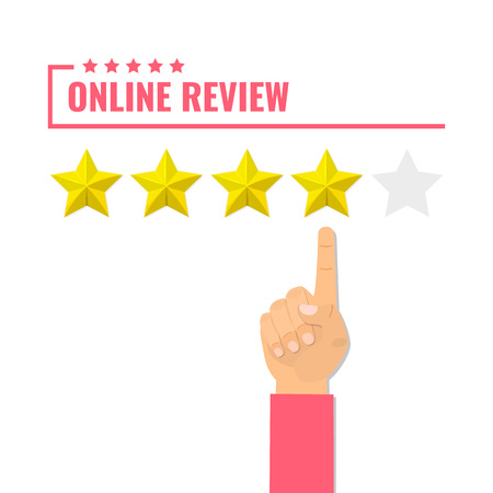 Online review. Concept of feedback, testimonials messages. Rating on customer service. The clients finger points to the star rating. Vector illustrationのイラスト素材