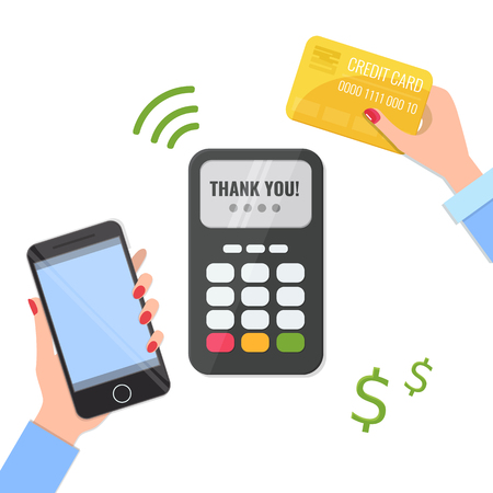 Wireless method payment, nfc payment concept. Pos terminal confirm the payment and hands with smartphone and credit cardのイラスト素材