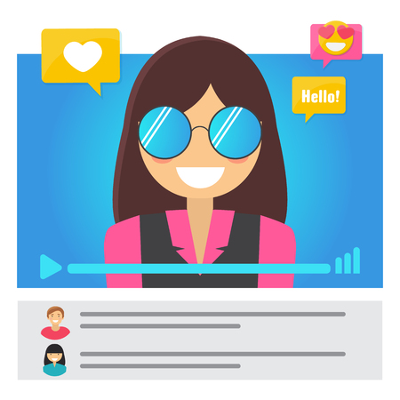 Girl video blogger concept. Popular Young Video Streamer Blogger Girl, Woman. Fashion Blog. Live Broadcast. Online Channel. Vector illustration.のイラスト素材