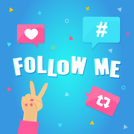Follow me concept. Banner for Streamer, Blogger, Traveler. Peace victory symbol hand with Hashtag, like, repost symbols. Social media, online promotion, sharing posts concept Vector illustrationのイラスト素材