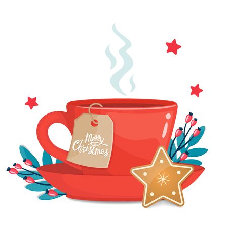 Hot winter tea in a red cup with star shaped christmas cookie, Christmas label and winter twigs with berries. Vector illustration.のイラスト素材