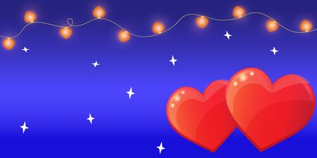 Happy Valentines day card. Two red hearts on blue gradient background with white border, garland. Love, romantic concept.のイラスト素材