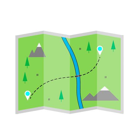 Map of a forest area with mountains and a river. Orientation on the terrain , path finding concept.のイラスト素材