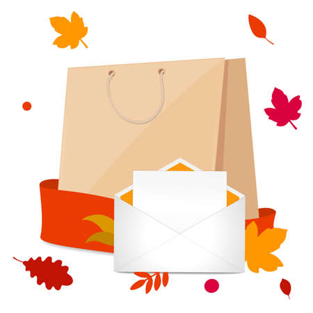 Paper shopping bag and envelope with card and autumn leaves Autumn sale discount season concept.のイラスト素材