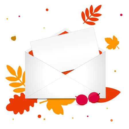 White envelope with the letter and autumn leaves. Autumn sale discount season concept.のイラスト素材
