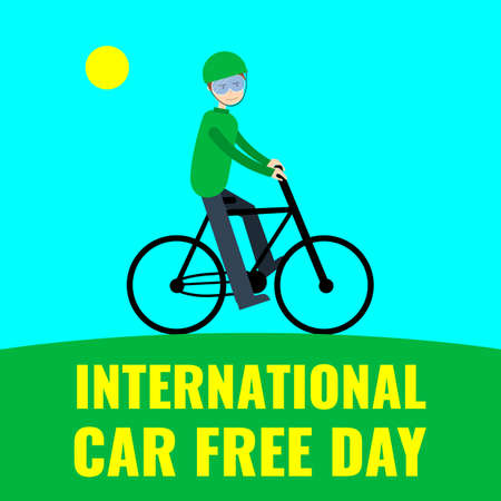 International car free day concept. Guy rides a bike on a green hill.のイラスト素材