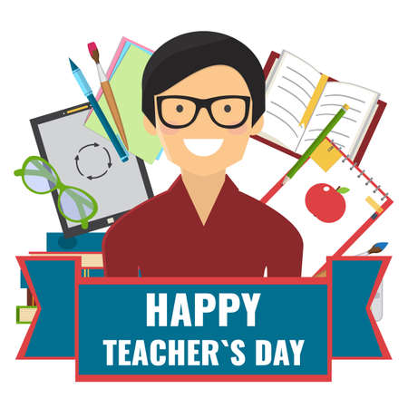 Happy Teachers Day concept. Card with teacher and school stuff.のイラスト素材