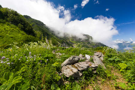 Foundations of ancient shepherds in Western Caucasusの写真素材
