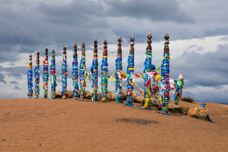 Shaman Poles in Khuzhir on island Olkhonの写真素材