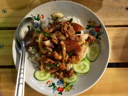 Mixed meat spicy with rice have spicy tasteの写真素材