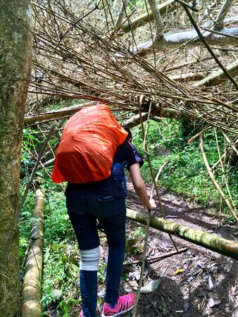 Women adventure, trekking on difficult wayの写真素材