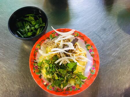 Asian gourmet Vietnamese steamed chicken with rice and many kinds of vegetablesの写真素材