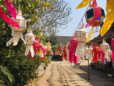 Beautiful Lanna colorful lantern, traditional northern Thai style decorative at house and templeの写真素材