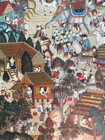 Mural wall painting of Local lifestyle ancient Thai people at Phumin Temple, Nan, Thailandのeditorial素材