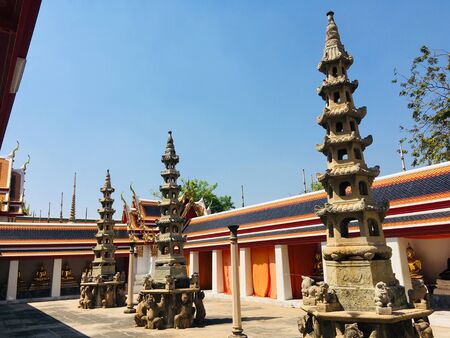 Ancient Pagoda and Stupas decorate around external in Wat Pho temple in Bangkok, Thailandのeditorial素材