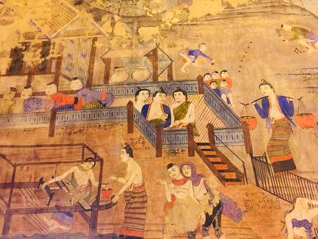 Mural wall painting of Local lifestyle ancient Thai people at Phumin Temple, Nan, Thailandのeditorial素材