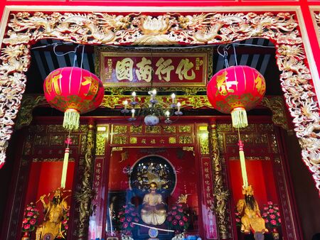 Chinese Buddha at Dragon Kammalawat Temple, Wat Lengnoeiyi Chinese buddhist temple in Bangkok, Thailandのeditorial素材