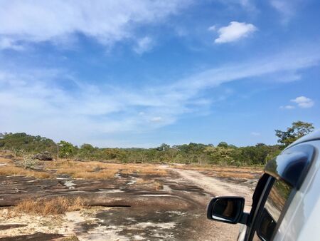 The truck drive on gravel road in forest, difficult way more tree sideways and blue sky backgroundの写真素材