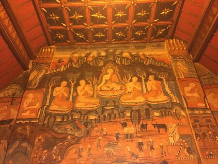 Mural wall painting of ancient Thai Buddha at Phumin temple, Nan province, Thailandの写真素材
