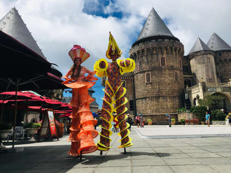 Actor acrobat funny show at French village Sun world Ba Na Hills mountain resort in Danang city, Vietnamのeditorial素材