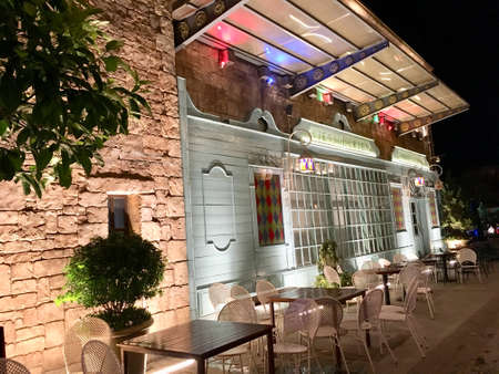 Night scene of cafÃ© and restaurant at French village Sun world Ba Na Hills mountain resort in Danang city, Vietnamのeditorial素材