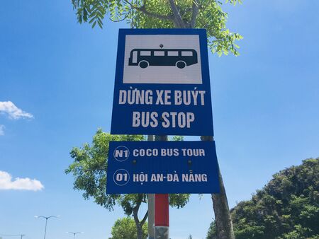 Bus stop on side way road in Danang city, Vietnamの写真素材