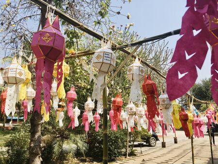 Beautiful Lanna colorful lantern, traditional northern Thai style decorative at house and templeの写真素材