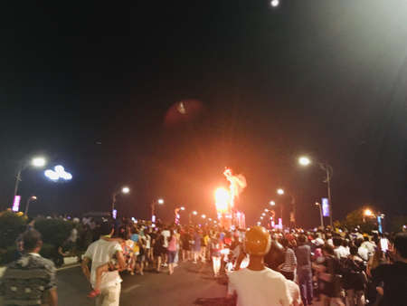 Crowd traveler come to visit the dragon bridge can be breathing fire and water, landmark in Danang, Vietnamのeditorial素材