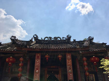 Architecture Chinese style of Dragon Kammalawat temple in Bangkok, Thailand (Silhouette scene blue sky and sunlight)の写真素材