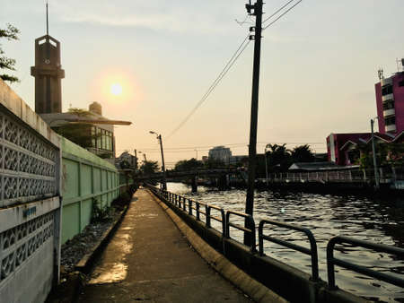 Corridor walking side Khlong Saen Saeb on sunset time, main canal transport in Bangkok, Thailandの写真素材