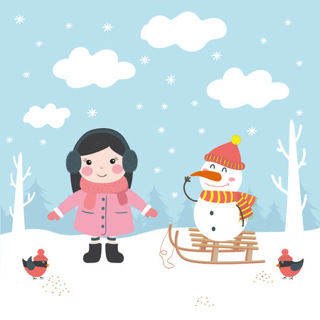 A girl and a snowman. Winter outdoor activitiesのイラスト素材