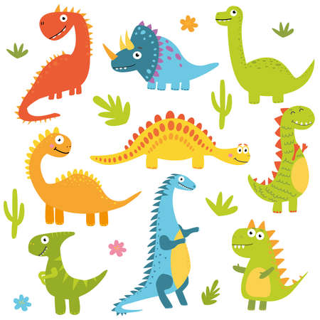 Funny collection of dinosaur cartoons. Vector illustrationのイラスト素材