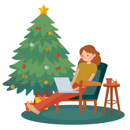 A girl with a laptop. Work from home. Stay at home. A Christmas tree with gift boxes, a star, lights, decoration balls and lamps. Merry Christmas and happy New Year.のイラスト素材