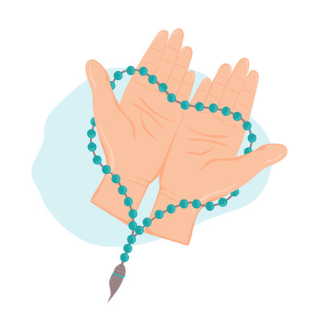 Vector illustration of praying hands with rosary on white background.のイラスト素材