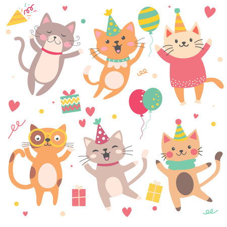 Cute cats with party hats, balloons, gifts, confetti. Vector illustration.のイラスト素材