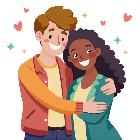 Happy couple in love hugging each other. Vector illustration in cartoon style.のイラスト素材